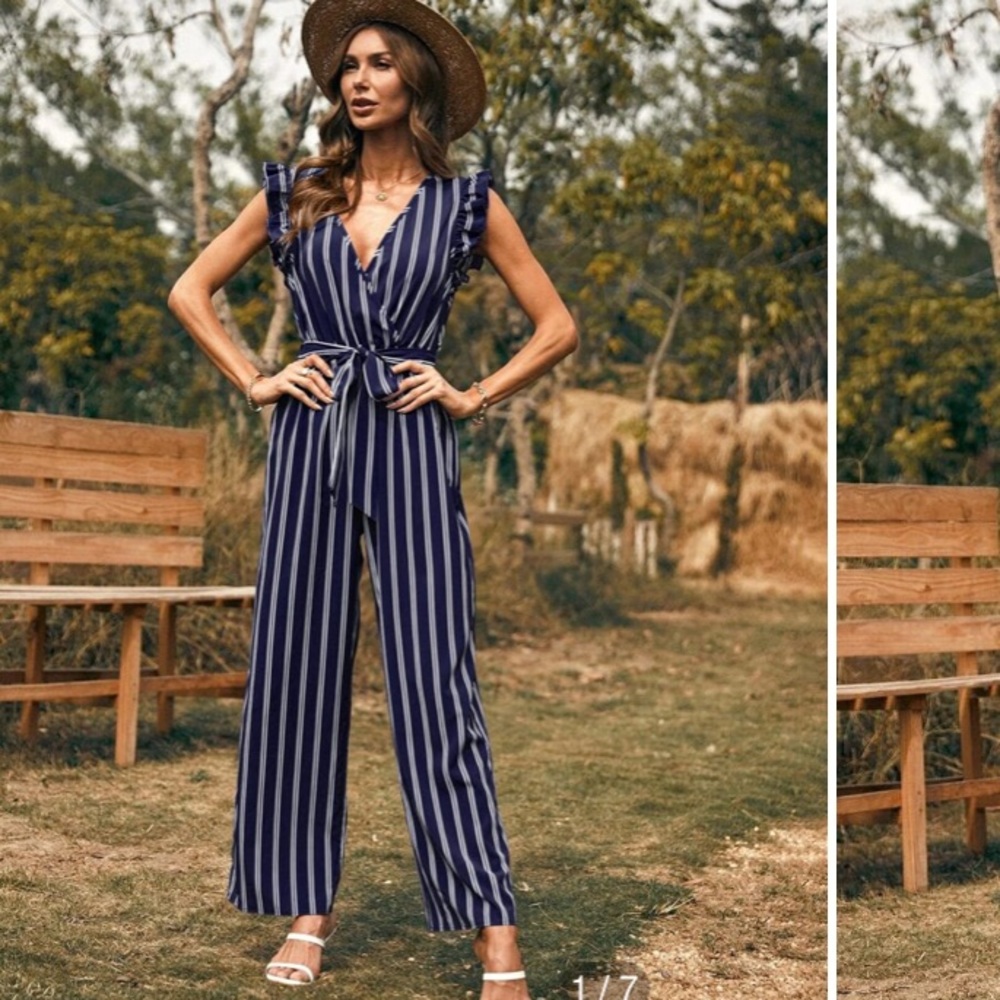 Striped Self Tie Ruffle Cuff Jumpsuit